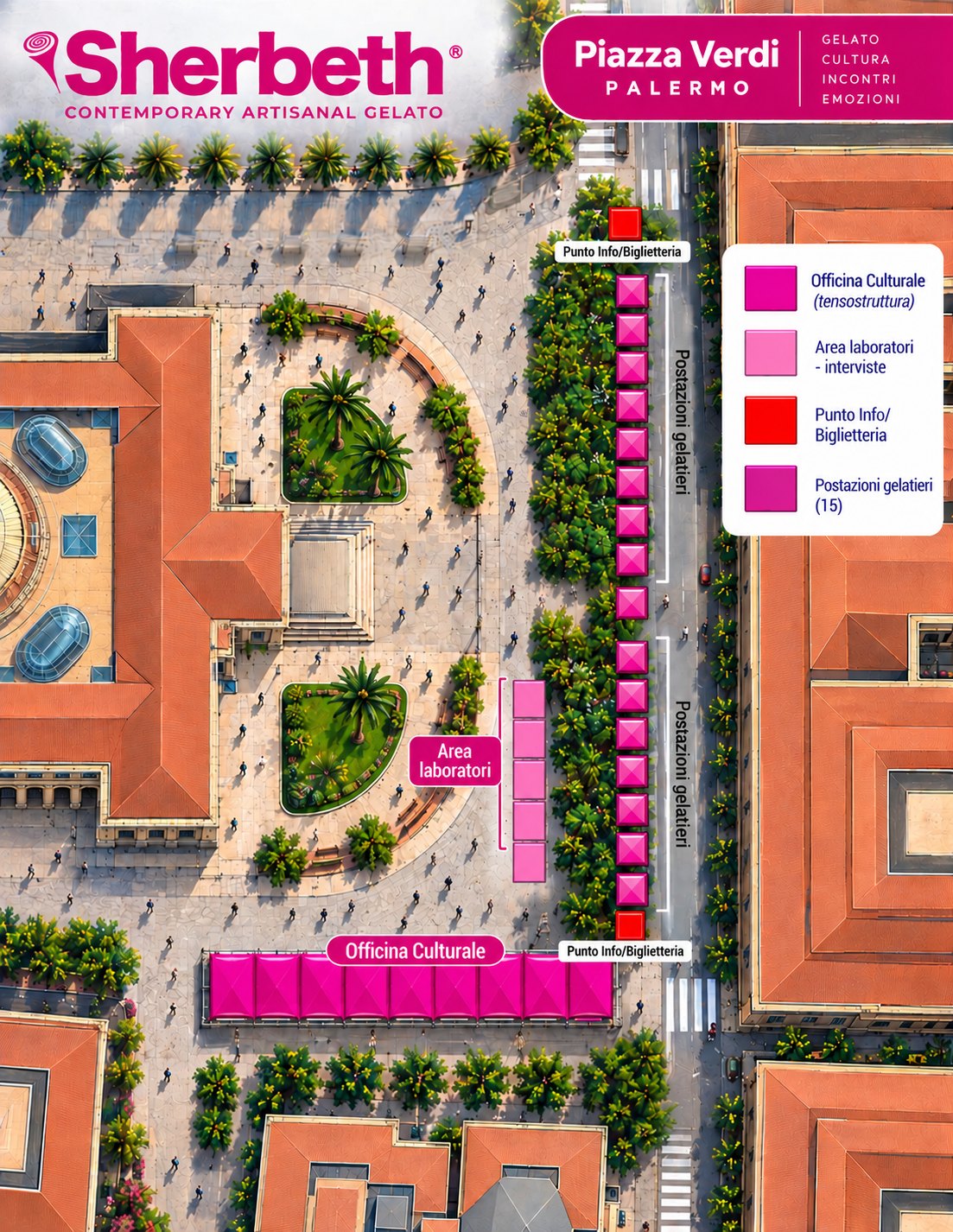 Planimetria di Piazza Verdi con le postazioni del festival